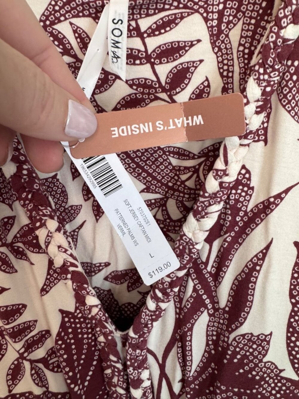 Soma Soft Jersey Caftan Palms Tropical Dress Maxi Pockets Built In Bra Large NWT - Picture 8 of 16